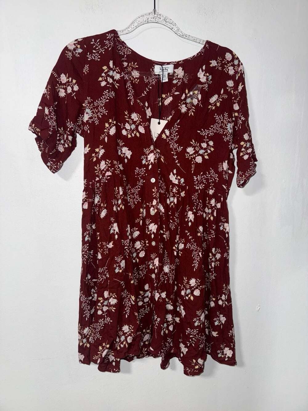 Myra Bag Burgundy Floral V-Neck Short Sleeve Button-Down Midi Dress